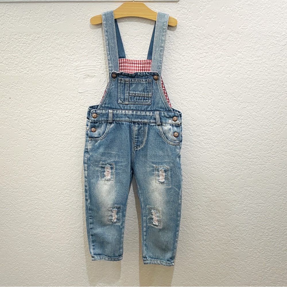 Overalls w/Red Checks & Distressing - Size 90/2T